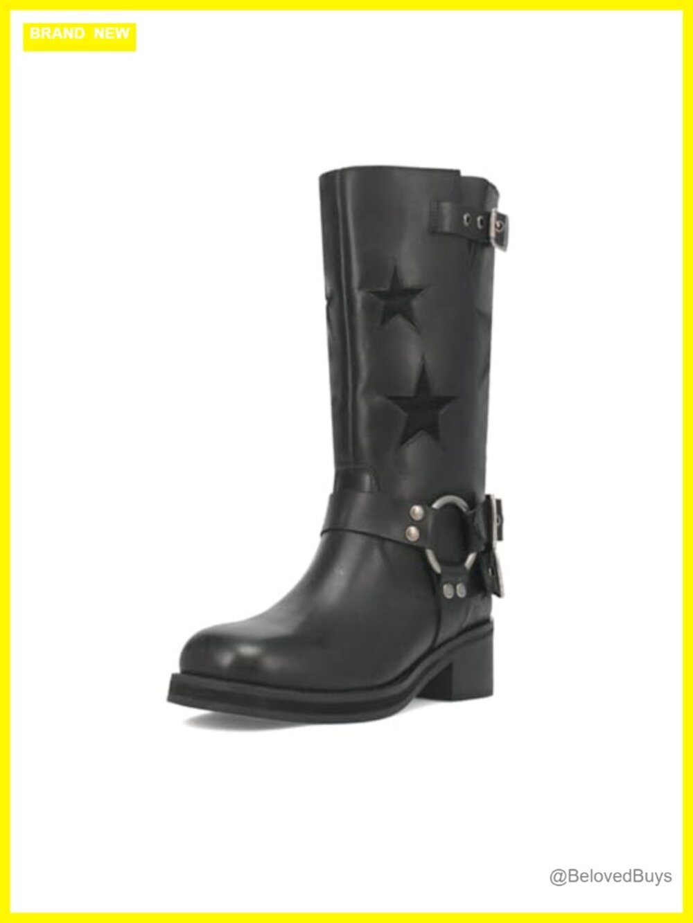 Women's Buckle Biker Mid Calf Boots Square Toe Chunky Heel Moto Riding Boots